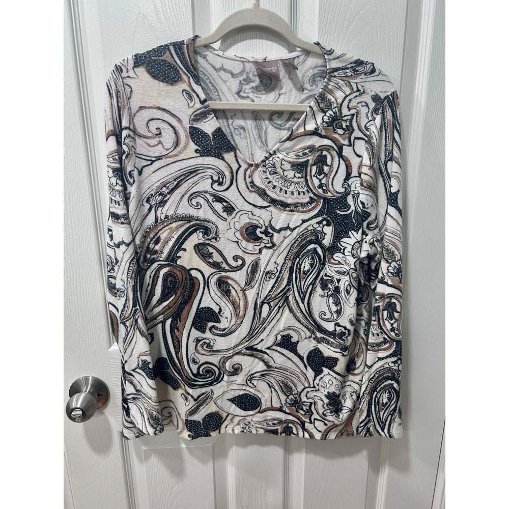 Chico's  3 Touch Of Cool Paisley Tee Long Sleeve Comfy Stretch XL Brown Paisley